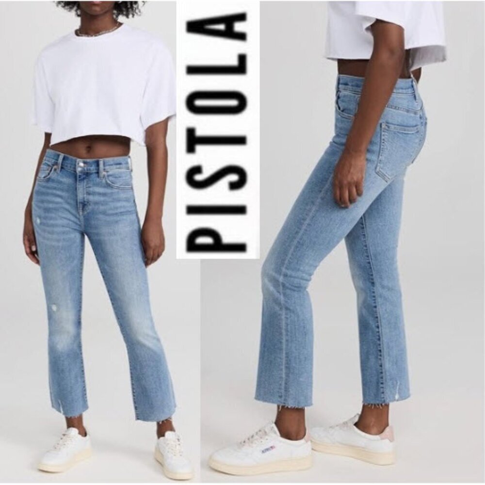 Pistola Lennon Flare Jeans Raw Hem Stretch Denim 24 Zuma Blue Distress preppy